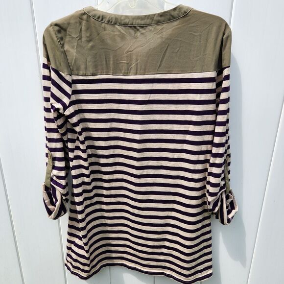 BKE Striped Henley Top Sz Sm V Neck Green Blue Cream Split Neck Tunic Roll Tab - Picture 6 of 9